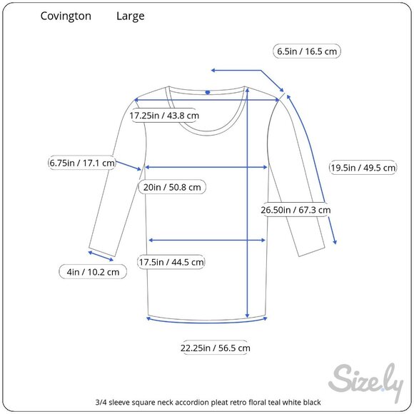 Covington 3/4 Sleeve Square Neck Accordion Pleat Retro Floral Blk Wh Teal Top LG - Picture 10 of 10